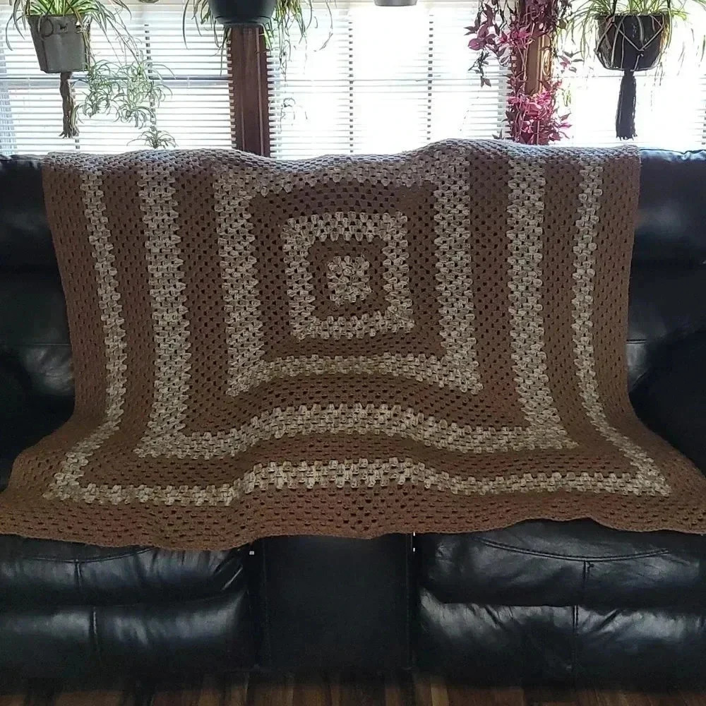 Crocheted blanket brown tan with blue large
